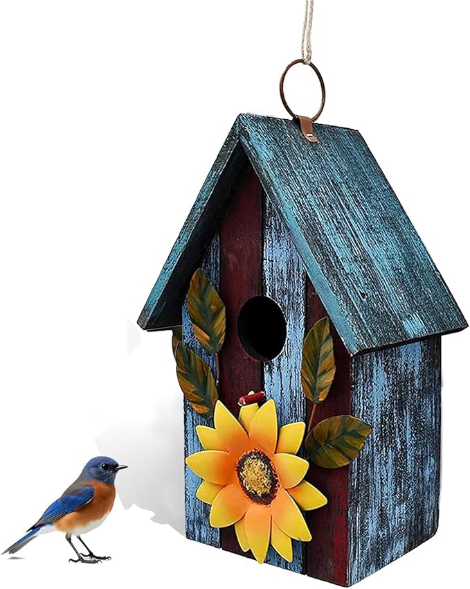 Wood Bird House for Outside, Hanging Decorative Bird House Outdoor Garden Patio Yard Rustic Hand-Painted Bluebird Birdhouse Nesting Box for Finch Wren Sparrow Chickadee
