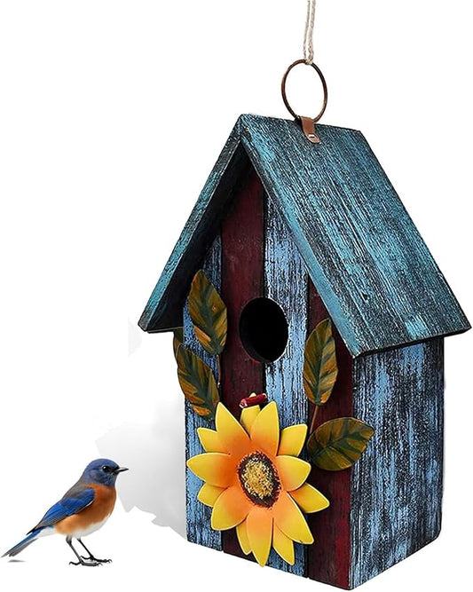 Wood Bird House for Outside, Hanging Decorative Bird House Outdoor Garden Patio Yard Rustic Hand-Painted Bluebird Birdhouse Nesting Box for Finch Wren Sparrow Chickadee