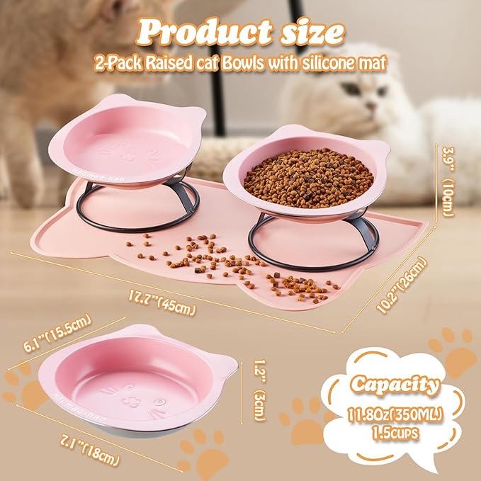 Elevated Cat Bowls with Food Mat & Metal Stand - 7.1" Wide Stainless Steel Whisker Friendly Dishes, 15° Tilt for Cats/Kittens/Small Dogs, Indoor/Outdoor & Travel Use (2-Pack) HBGmao-hao (Pink)
