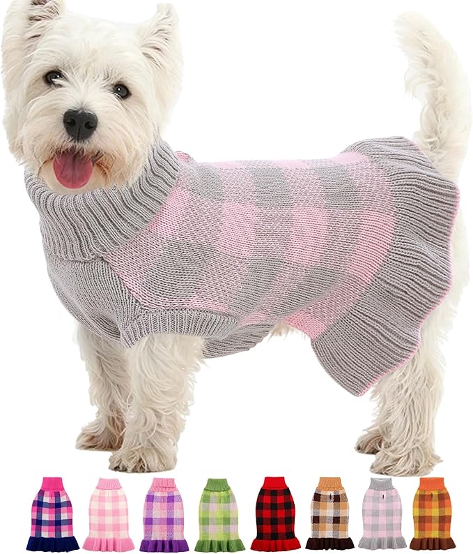 Dog Sweater Dress Plaid Knitwear for Small Medium Dogs Warm Puppy Pet Turtleneck Stretch Pullover Cute Fall Winter Vest Clothes with Leash Hole for Christmas (Grey, L)