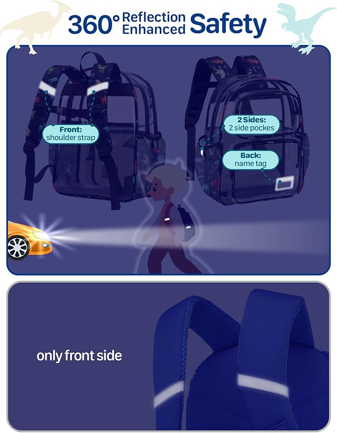 Bagseri 2pcs Clear Backpack for Boys - 15 Inch School Bag with Matching Pencil Case, Heavy Duty Transparent Bookbag for Kindergarten to Grade 2, Fits Folders, Black Dinosaur