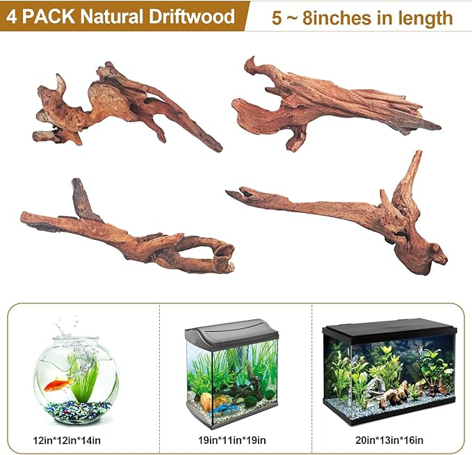 Natural Driftwood Decor for Aquarium Decorations Reptile Tank Accessories, Assorted Wood Branches Decorations on Reptile Fish Tank 2-10" 2 Pcs/4 Pcs/ 5 Pcs/ 6 Pcs (Pack of 4 (5. to 8 Inch))