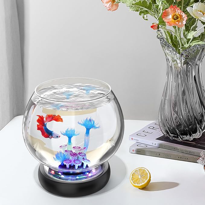 hygger 0.5 Gallon/1 Gallon Glass Fish Bowl with LED Light and Decor, Small Round Betta Fish Tank Goldfish Bowl, Round Clear Unbreakable Aquarium/Vase/Hydroponic Plant Terrarium, Nice Centerpieces