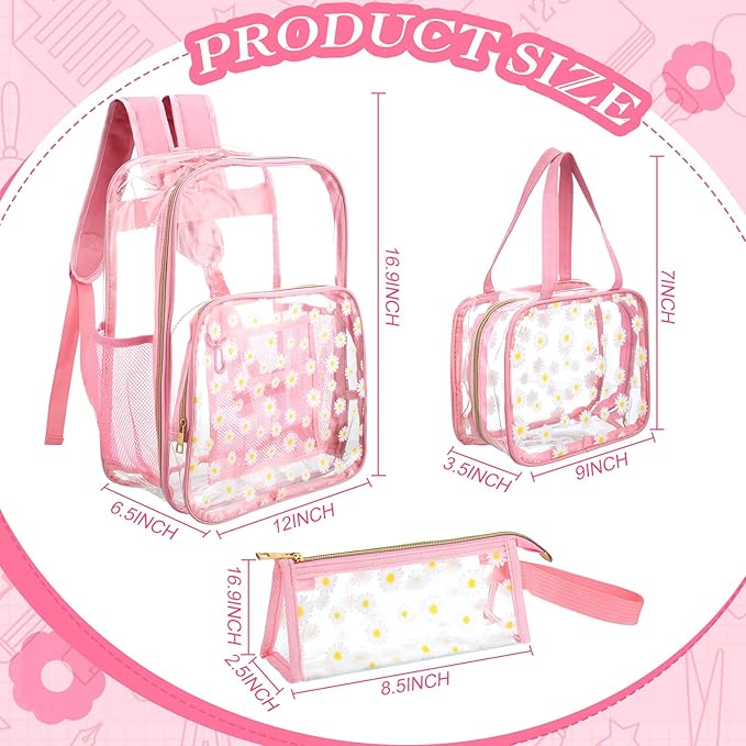 Kacctyen 3 Pcs Clear Backpack Heavy Duty Clear Stadium Bag Transparent Backpack with Lunch Bag(Pink,Daisy)