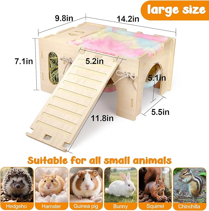 4 in 1 Upgraded Guinea Pig Hideout, Large Guinea Pig Castle with Hay Feeder, Hammock, House and Ramp, Easy to Assemble Wooden Guinea Pigs Toy for Chinchilla Rabbit Guinea Pigs Accessories