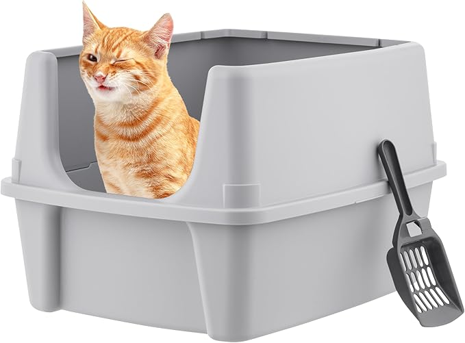 IRIS USA Cat Litter Box Large Open Top with High Sided Walls Tall Scatter Shield Scoop Included Easy Clean Plastic Pan Stain Resistant for Big Cats Kittens Indoor Multi-Cat Households