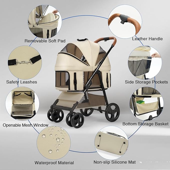 4 Wheels Pet Stroller for Small/Medium Dogs and Cats,Dog Stroller with Detachable Carrier and Storage Basket,One Click Folding,Compact Portable,Up to 50lbs,3 in1 Multifunctional(Khaki)
