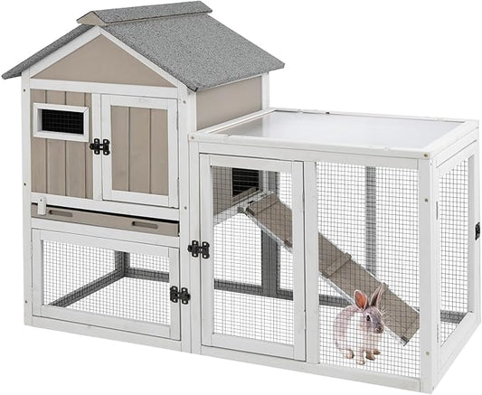 Gowoodhut 46.5" L Rabbit Hutch Indoor Outdoor Rabbit Cage with Run, Pull Out Tray, Asphalt Roof Large 2 Story Bunny Hutch Wooden Chicken Coop Guinea Pigs Pet House Cage for Small Animals,Grey