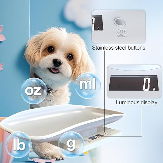 Digital Pet Scale for Small Animal, LED Display Puppy Whelping Scale with Tape Measure, Collar, Scissors for Newborn Pets, Cats, Dogs, Animals, Measures Up to 15kg, 11.4 * 7.1" (White)