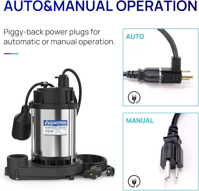 AQUASTRONG 1/2HP Sump Pump, 3450 GPH Submersible Pump, 1-1/2" NPT Discharge | Stainless Steel and Cast Iron Sump Pump, Automatic Integrated Float Switch with Piggy-back Plug for Basement