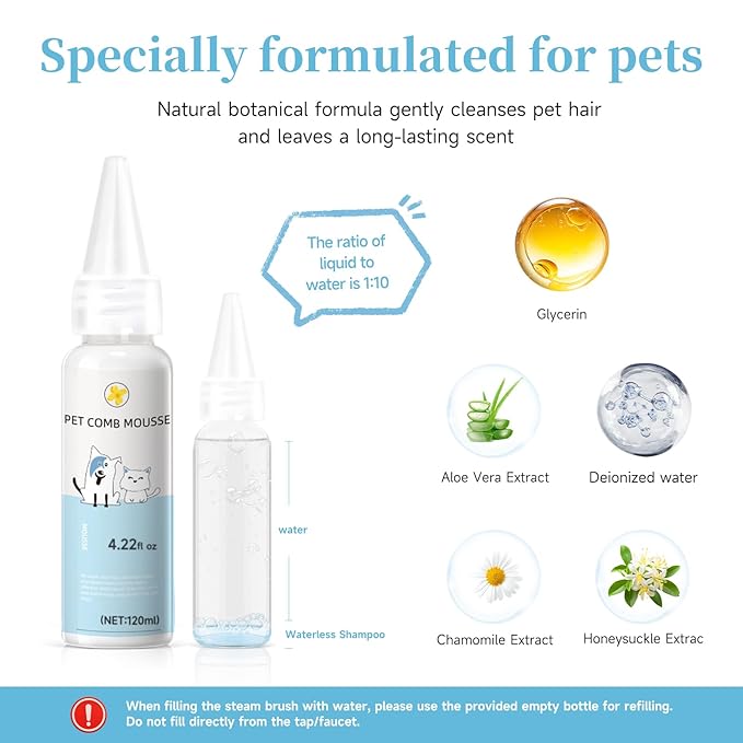 Pet Steam Brush for Dog & Cat – 3-in-1 Spray Hair Removal for Grooming, Softens Fur & Reduces Static 2*Shampoo(Steam Brush not Included)
