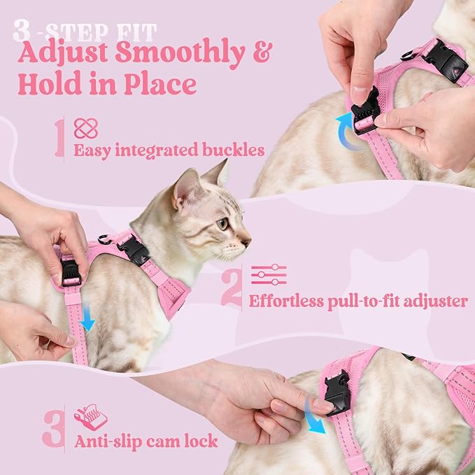 rabbitgoo Cat Harness and Leash, Escape Proof Vest with 3 Adjustable Buckles, Soft Comfortable Kitten Harness, Easy to Wear, Reflective for Safe Outdoor Walking, XS, Pink