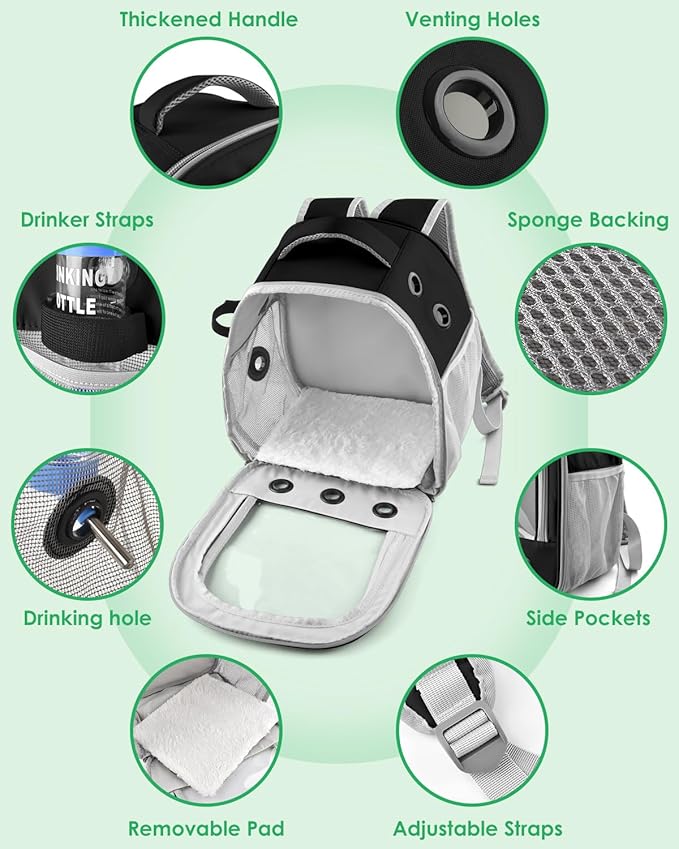 DBNESS Guinea Pig Carrier Backpack, Portable Rabbit Travel Carring Bag for Pet Bunny Chinchilla Bearded Dragon Hamster Parrot Outgoing Pouch Case with Water Bottle Holder & Detachable Pad (Black)