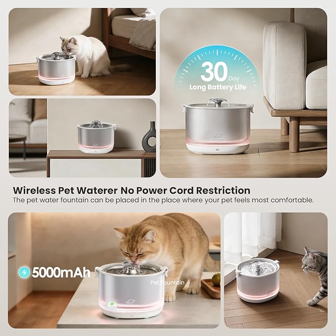 Cat Water Fountain Pumpless Stainless Steel Buckets & Bowl Wireless Pet Water Fountain 2.5L Water Fountains for Cats Indoor Dispenser Easy to Clean BPA -Free White