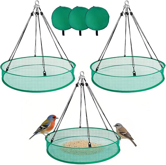 3PCS Bird Seed Catcher Tray 24 Inch Bird Seed Catcher Hanging Hoop Platform for Bird Feeders Includes S-Hooks, Adjustable Ropes & Portable Storage Pouch