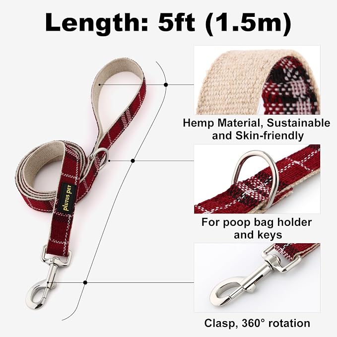 Plutus Pet Cotton Hemp Dog Collar and Leash Set, Adjustable Collar for Small, Medium, and Large Dogs, Heavy Duty and Soft on Skin, Red Plaid, XS