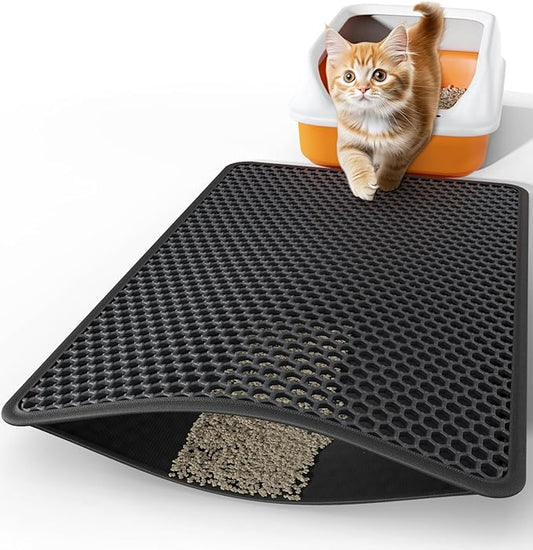 Powools Cat Litter Mat - 30" x 24" Large Litter Box Mat with Double Layers, Urine-Proof and Non-Slip Litter Trapping Mat, Easy to Clean Kitty Litter Mats for Floor, Scatter Control, Black