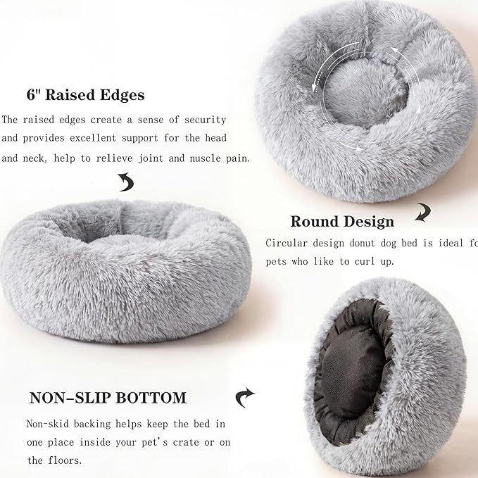 Calming Donut Dogs Beds for Small Dogs Washable,23inch Plush Round Pet Bed for Cozy Sleep,Fluffy Faux Fur Large Cat Bed,Fits up to 25 lbs Pets,Frost Grey