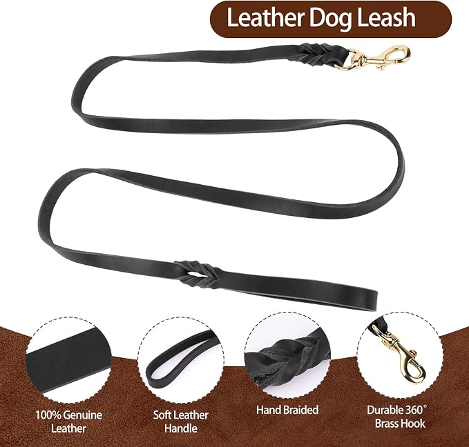 Leather Dog Collar and Leash Set, 6FT Heavy Duty Leather Training Leash with Adjustable Dog Collar, Soft and Durable Dogs Leashes and Collars Set for Small Medium Large Dogs (Black, M)