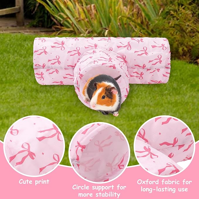 JarThenaAMCS Guinea Pig Tunnel 3 Way Washable Guinea Pig Hideout Pink Bow Foldable Rabbit Tunnel Small Animal Toy for Bunny Hamster Chinchilla Ferret Accessory