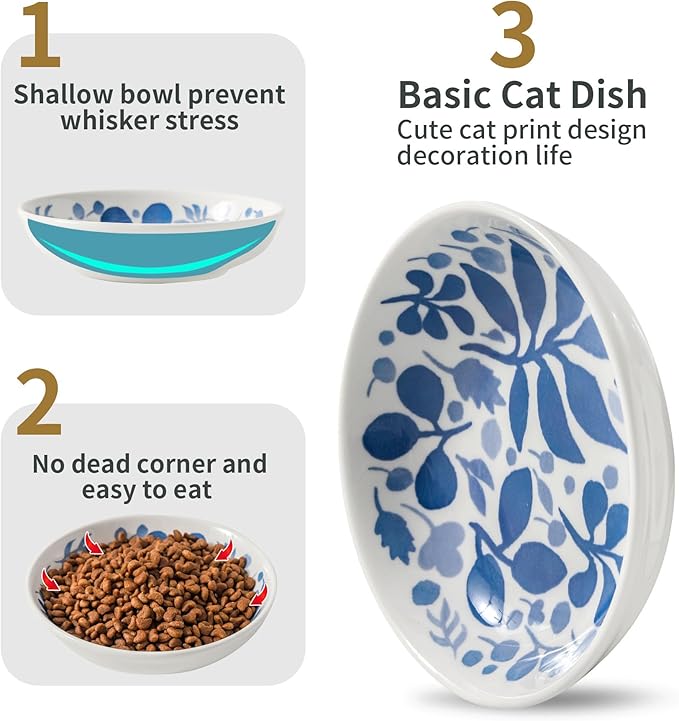 3 Ceramic Cat Bowls,5.5 inch Wide Shallow Cat Food Bowl for Relief Whisker Fatigue