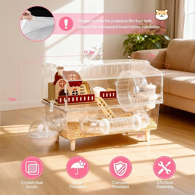 Large Hamster Cage 9 in 1 with All Accessories, 2-Layer Acrylic Hamster House with Full Transparent Viewing,Top Open Mouse Cage for Pet Mice,Hamster Habitat for Dwarf Hamster, Gerbils (Transparent)