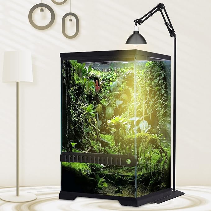 Queekay Reptile Heat LAMP Stand, Black Metal, Adjustable Height and Width, 5 Hanging Hooks, for Terrarium, Aquarium, Incubator, Cages, Suitable for Reptiles, Amphibians, Small Animals