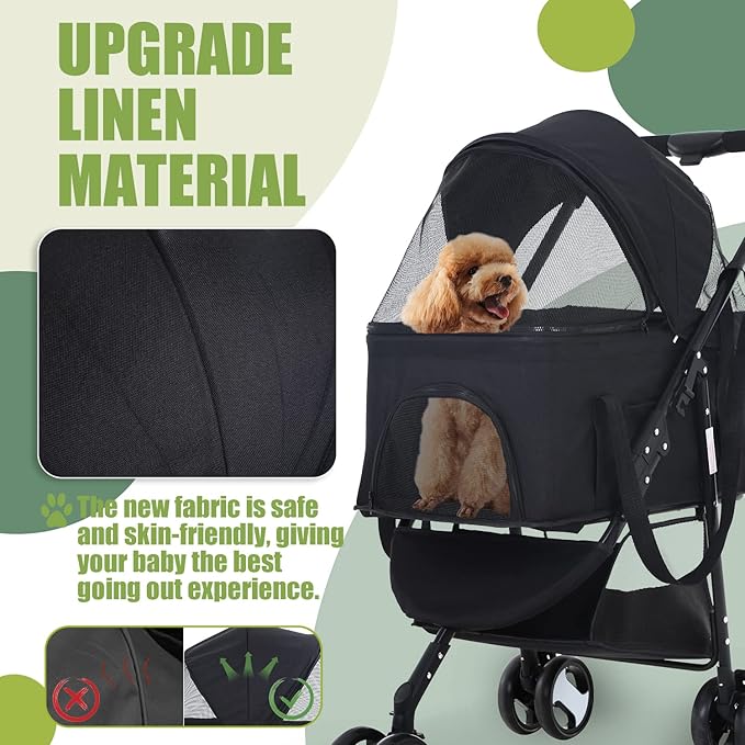 Dog Stroller Cat Stroller Pet stoller 3-in-1 Folding Dog Stroller for Small Medium Dogs Cats with Detachable Carrier Storage Basket Waterproof Lightweight for Travel,Black