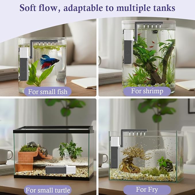 3W Mini Fish Tank Filter, 48GPH Quiet Aquarium Internal Filter 3-in-1 Submersible Fish Tank Filter Pump for 1-6Gal Betta/Fry/Shrimp Tanks