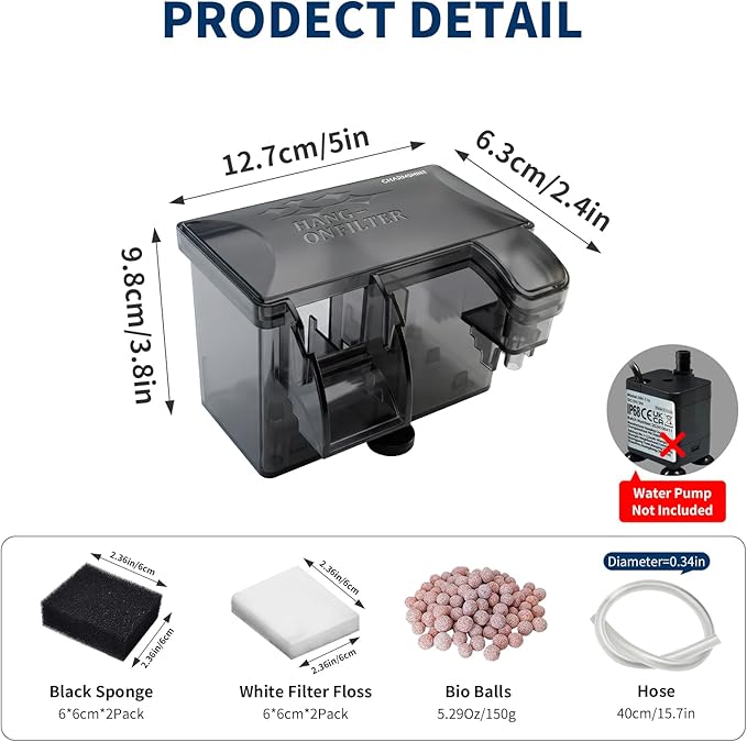 Hang-on-Back Aquarium Filter Box with Reusable Filter Media, Waterfall Oxygenation, Fits High & Low Water Level, for 1-5 Gallon Fish & Turtle Tank (Pump Not Included)