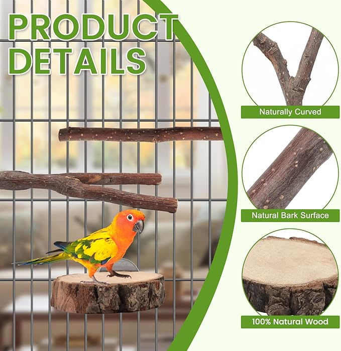 9PCS Apple Wood Bird Perches, Natural Parrot Stand & Chewing Toy with Multi-Branch, Straight Perch Stand, Platform & Climbing Rope, Cage Accessories for Parakeets, Cockatiels, Budgies