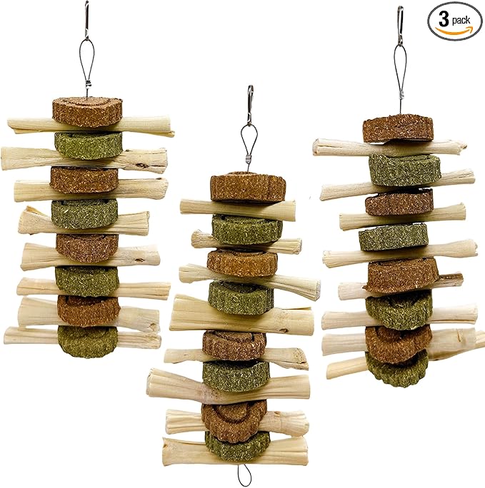 3Pcs Bunny Chew Toys for Teeth Bunny Hanging Grinding Cake Natural Sweet Bamboo Sticks Timothy Alfalfa Hay & Carrot Cake for Rabbit Guinea Pig Chinchilla Gerbil Improve Dental Health