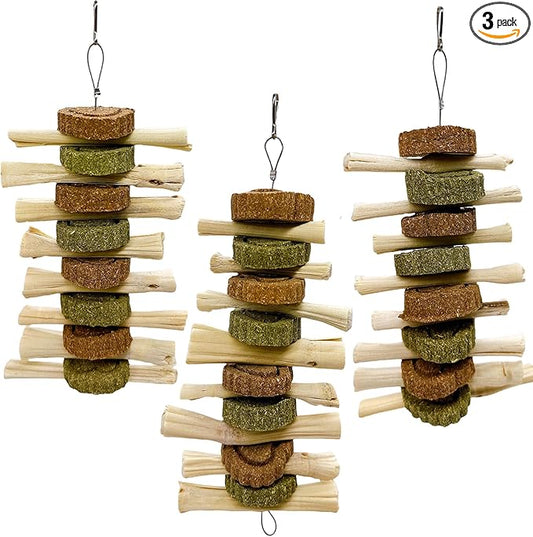 3Pcs Bunny Chew Toys for Teeth Bunny Hanging Grinding Cake Natural Sweet Bamboo Sticks Timothy Alfalfa Hay & Carrot Cake for Rabbit Guinea Pig Chinchilla Gerbil Improve Dental Health