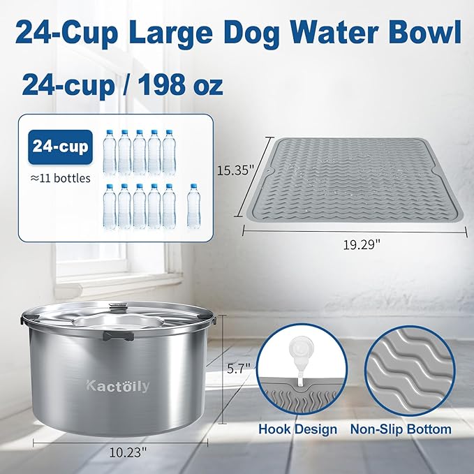 kactoily 1.47 Gal Stainless Steel Dog Water Bowl, 24 Cups Large No Spill Dog Bowl with Non-Slip Mats, Splash Proof Slow Water Drinking for Messy Drinkers