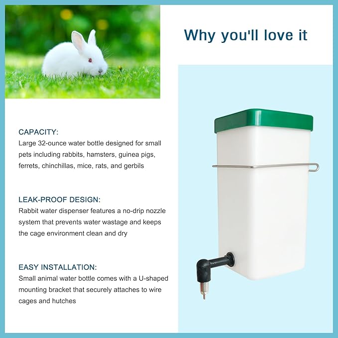 Bonchoice1000ml No Drip Rabbit Water Bottle, Leak Proof Small Animal Water Bottle, Large Capacity No Drip Water Dispenser for Bunny Rabbit/Ferret/Hamster/Guinea Pig