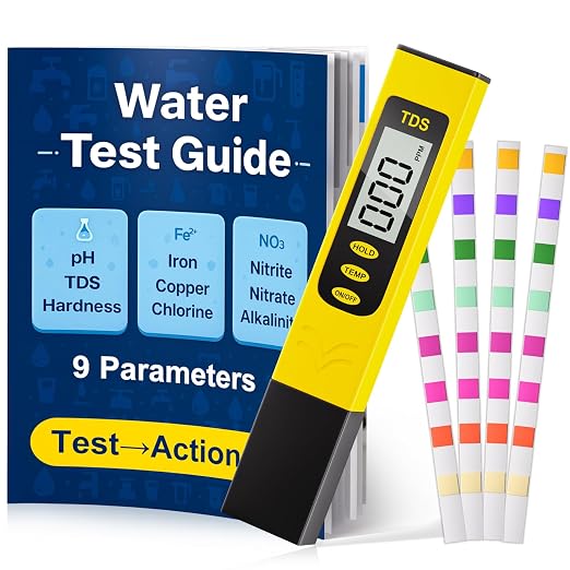 Water Test Kit - TDS Meter, 20 Test Strips (8 in 1), User Action Guide & 2 Record Sheets. Digital Water Tester for Home, Tap & Well Drinking Water.