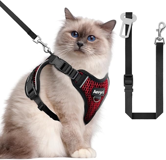 Cat Harness and Leash for Walking Escape Proof Soft Adjustable Cat Leash Breathable Honeycomb Structure Comfortable Vest Easy to Wear Kitten Harness for Outdoor Travel, Honeycomb Red, L