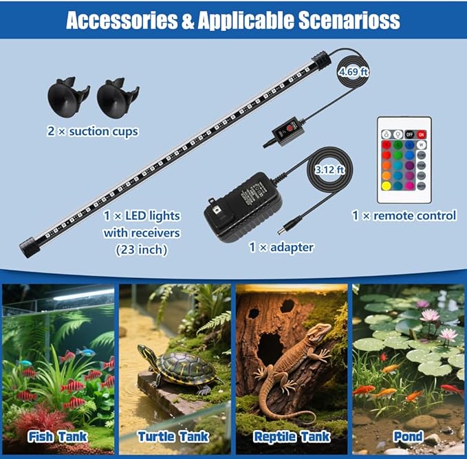 LED Aquarium Light with IP68 Waterproof and Memory Function Submersible Fish Tank Light with Remote and 16 Colors 23 Inches Brightness Adjustable Underwater Light Bar for Fish Tank Aquarium