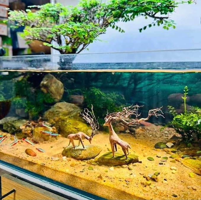 Azil Driftwood Deer Aquarium Decoration – Unique & Artistic Fish Tank & Terrarium Ornament, Safe & Eco-Friendly for Aquascaping & Reptile Habitats (Deer with Long Antlers)