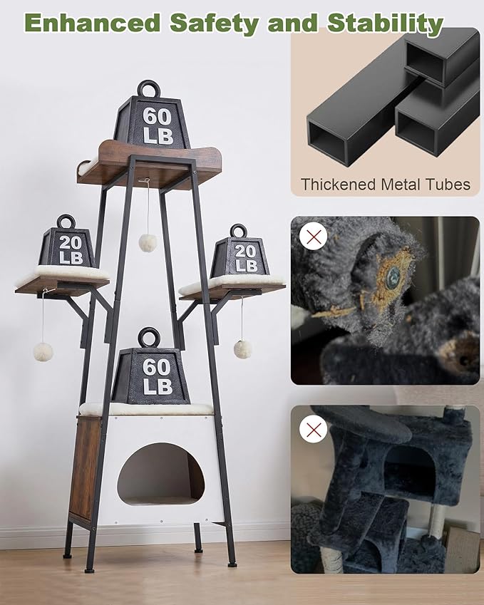 46-Inch Modern Cat Tree Tower for Large Cats, Multi-Level Cat Tower with Playful Toy Balls, Large Perch, Cat Condo, Removable Pads, White