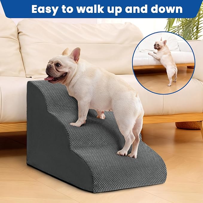 Airpanda Dog Stairs for Small Dogs and Cats – 3 Step Pet Ramp for Couch & Sofa, Non-Slip Dog Steps for Pets, Washable Cover, High-Density Support Foam for Easy Climbing,Grey