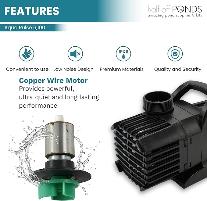 HALF OFF PONDS Submersible Water Pump, 6,100 GPH Pond Pump with 33FT Power Cord and 24FT Max Head, 354W Ultra Quiet Energy Efficient Pump for Koi Pond, Fountain, Waterfall, Water Garden, Skimmer