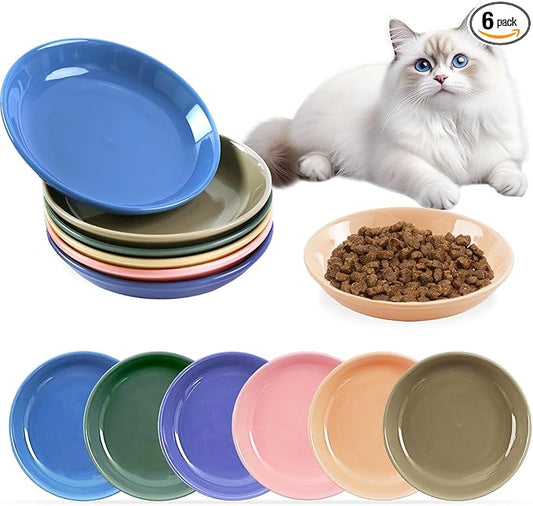 6 Pack Cat Food Bowl, Ceramic Cat Bowls, Anti Whisker Fatigue Cats Bowl Set,5.5 Inches Shallow Wide Kitten Plates for Food and Water (CaiSe-B)