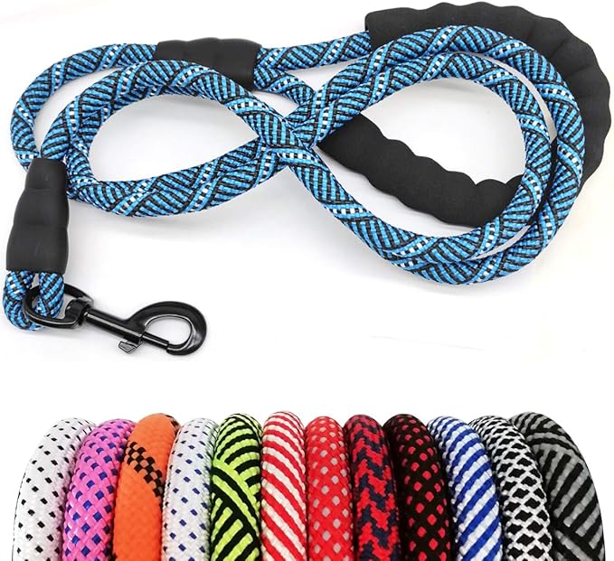 MayPaw Heavy Duty Rope Dog Leash, 3/4/5/6/7/8/10/12/15 FT Nylon Pet Leash, Soft Padded Handle Thick Lead Leashes for Large Medium Dogs (Blue Black, 1/2" * 10')
