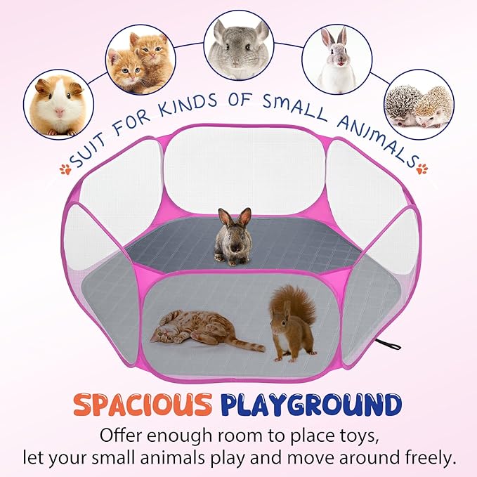 Pawaboo Small Animals Playpen with Pad, Waterproof Small Pet Cage Tent with Reusable Pad, Portable Outdoor Yard Fence for Chick/Kitten/Puppy/Guinea Pig/Rabbits/Chinchillas, Pink + Gray