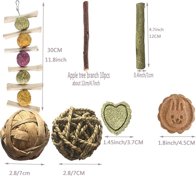 Bunny & Guinea Pig Toys - Rabbit & Hamster Accessories - Natural Timothy Biscuit Hay Sticks & Apple Wood Sticks for Teeth - Chinchilla & Rat Molar Chews