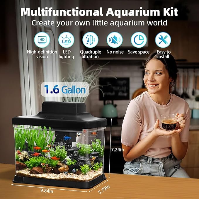 DaToo Small Fish Tank Ultra-Clear 1.6 Gallon Aquarium Starter Kits with LED Lighting and Filter System Beginner-Friendly Mini Betta Aquarium for Small Fish Shrimp Desktop Room Decoration