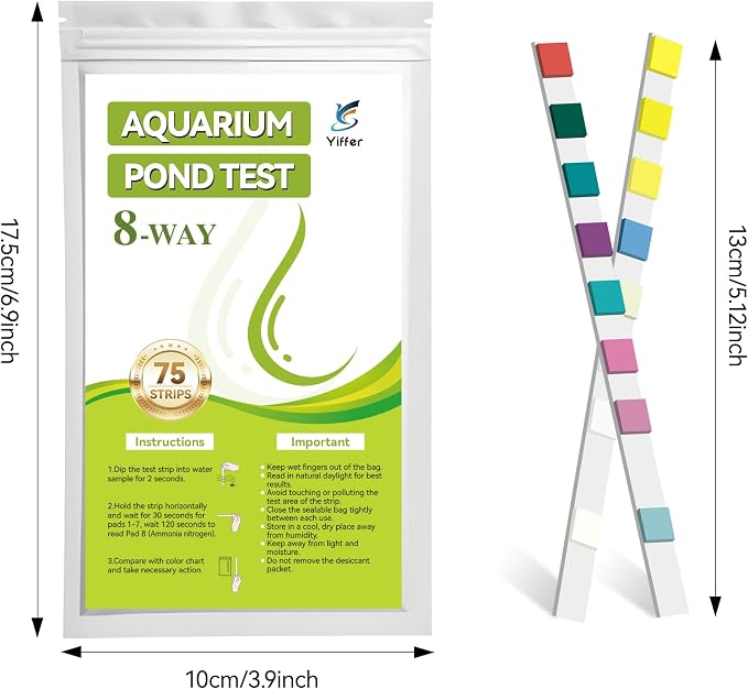 8-Way Aquarium Test Strips with Ammonia 75 Strips | Test Ammonia,pH, Total Alkalinity, Carbonate, Hardness, Free Chlorine, Nitrate and Nitrite for Fish Tanks & Ponds