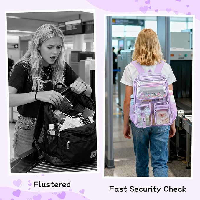 MOONBABY Clear Backpack for Girls, Clear Bookbag Heavy Duty Transparent Backpack for Stadium Events, See Through Back Pack for Kindergarten Elementary Middle High School, Purple