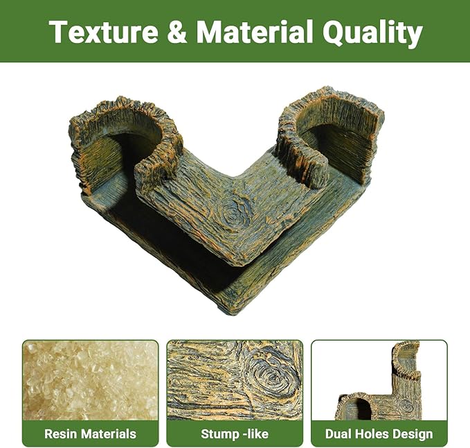 90° Corner Fish Cave Viewing Tunnels | Realistic Driftwood Stump Hideout for Shrimp, Betta, Corydoras | BPA-Free Premium Resin, Safe for Aquarium (5.1”x5.1”x2.8”)